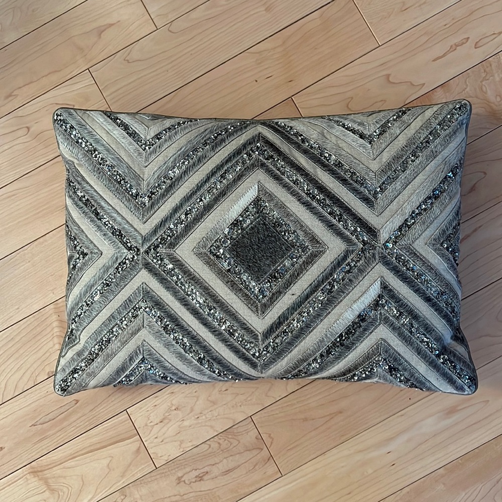 Decorative Leather Hide Accent Throw Pillow Size 19”x13” cowhide and Sequins